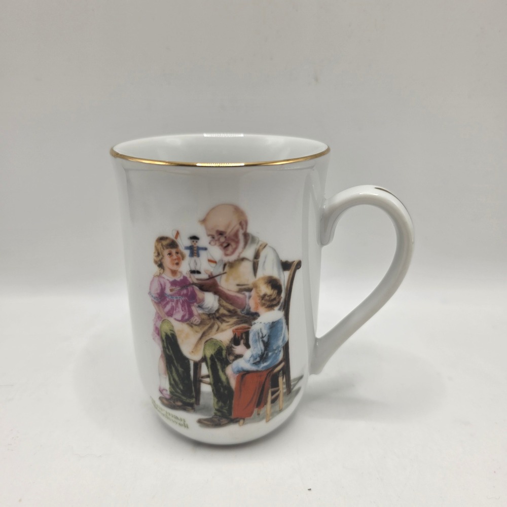 Norman‎ Rockwell Museum Mug White The Toymaker Gold Rim Vintage 1982 Americana